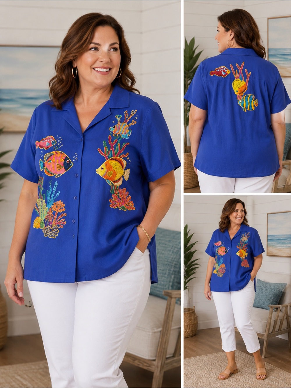 The Quacker Factory 1X Linen Cotton Tropical Fish Embroidered Shirt Front & Back
